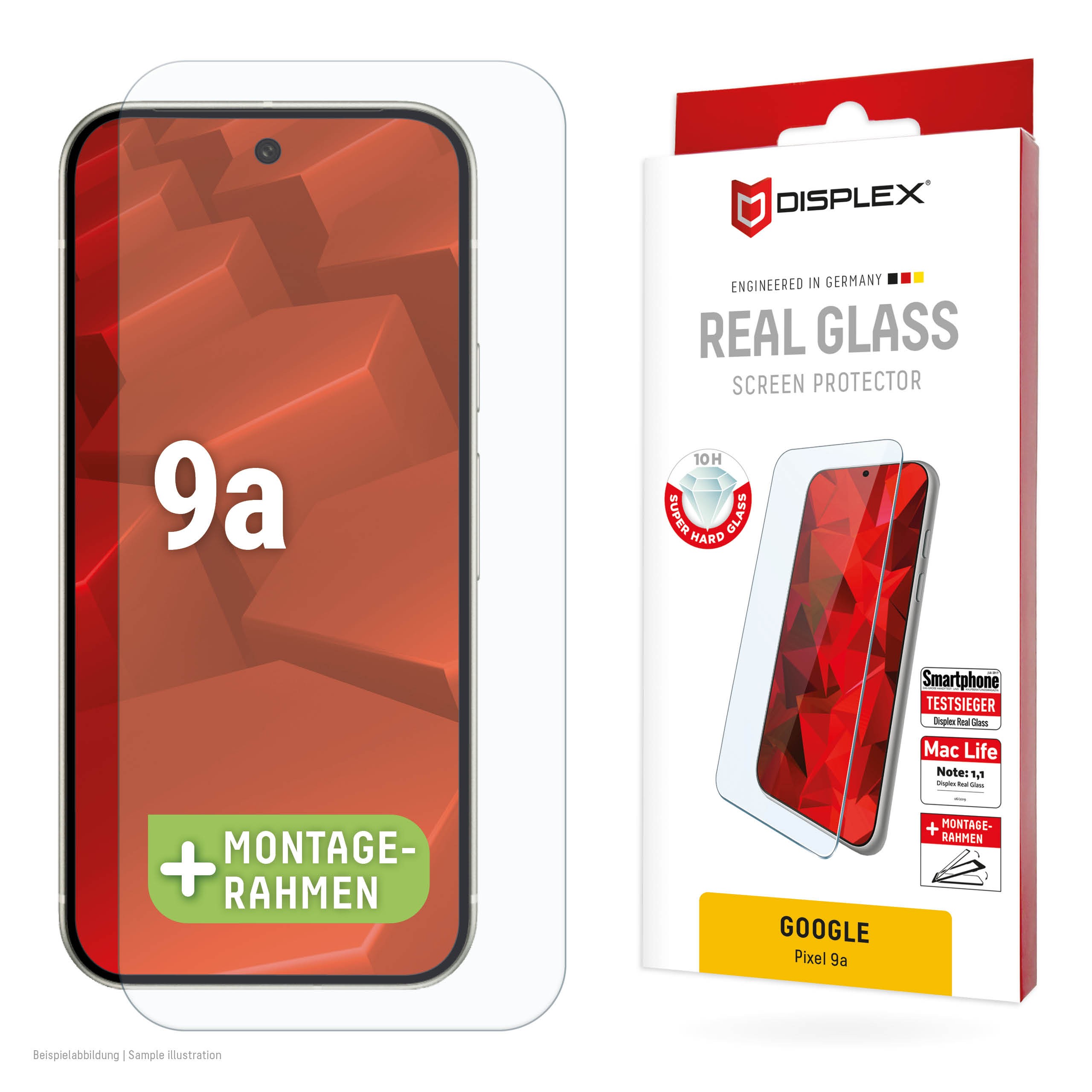 DISPLEX Panzerglas (10H) für Google Pixel 9a Eco-Montagerahmen, Tempered Glas, kratzer-resistente Schutzfolie, hüllenfreundlich