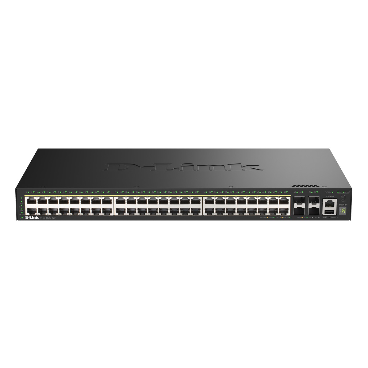 D-Link DGS-1530-52P Smart Managed Switch 48x Gigabit Ethernet (PoE+, max. 370 W), 4x 10G SFP+, 1x USB 2.0, 1x Konsolen-Port