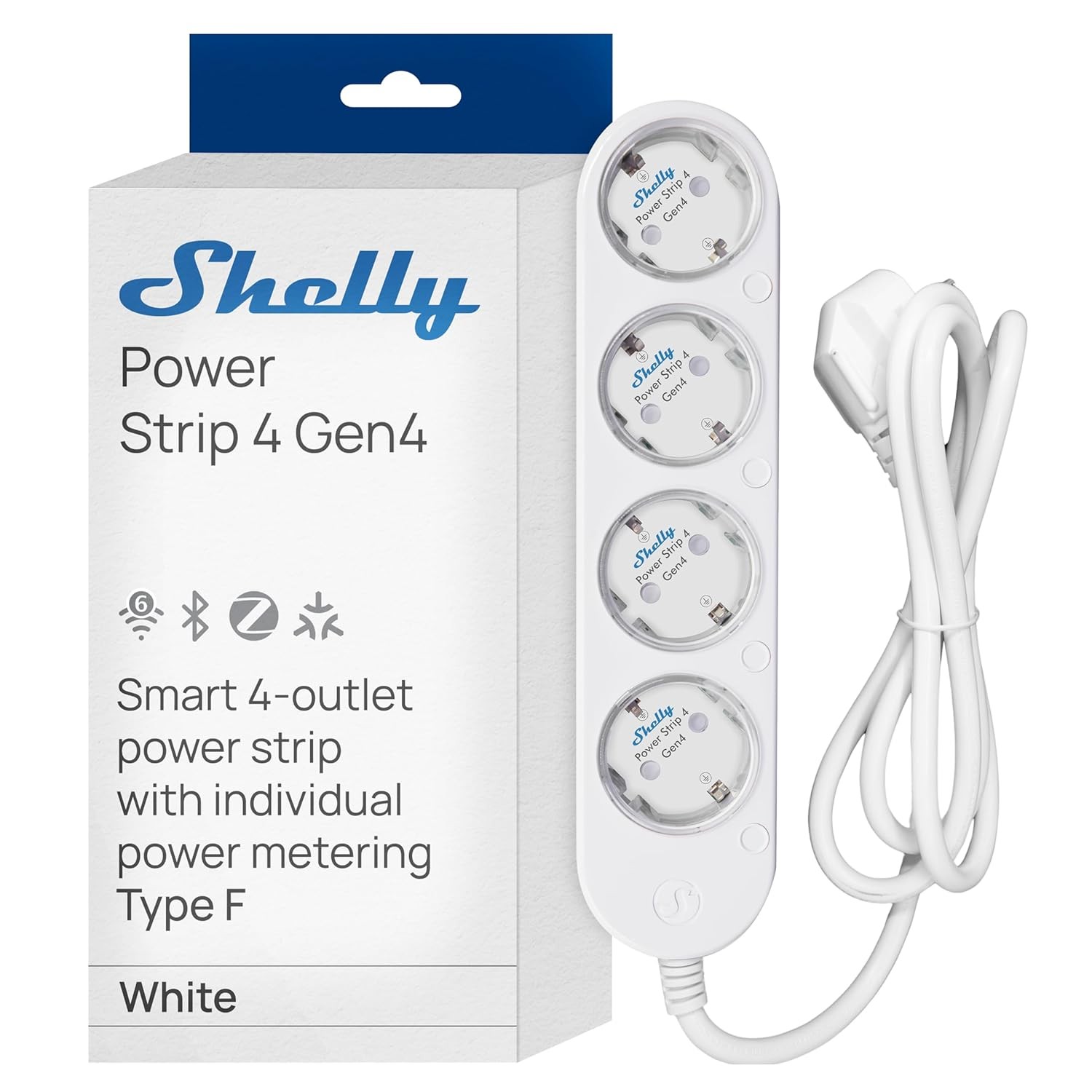 Shelly Power Strip 4 Gen4 weiß - 4-fach Steckdosenleiste, WiFi, Bluetooth, Zigbee, Matter, HomeKit, Alexa / bis zu 12 A pro Stec