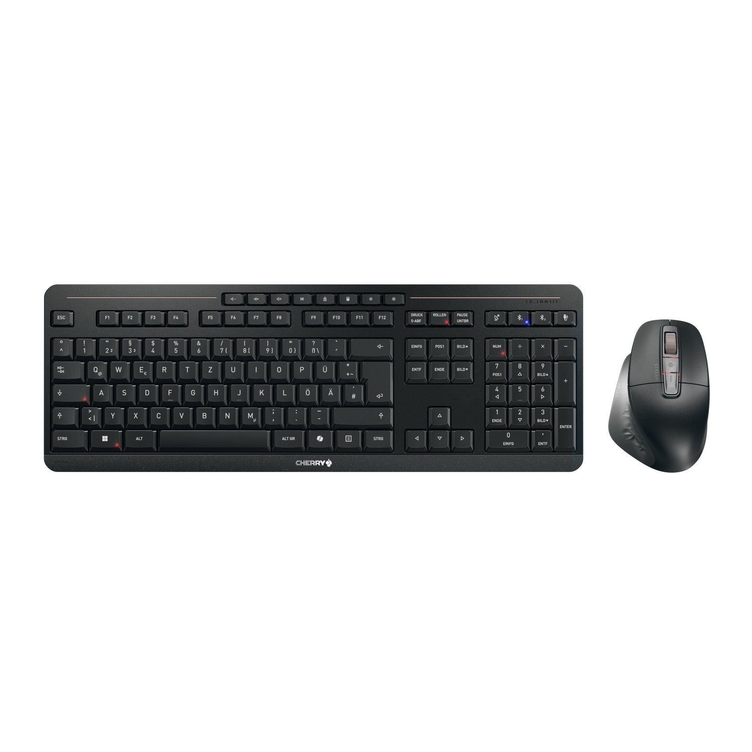 Cherry Stream Desktop Ultimate, Kabelloses Tastaturset 2x Bluetooth®-5.2-Kanäle, 2,4-GHz-Funk und USB, Ergonomische 7-Tasten-Mau