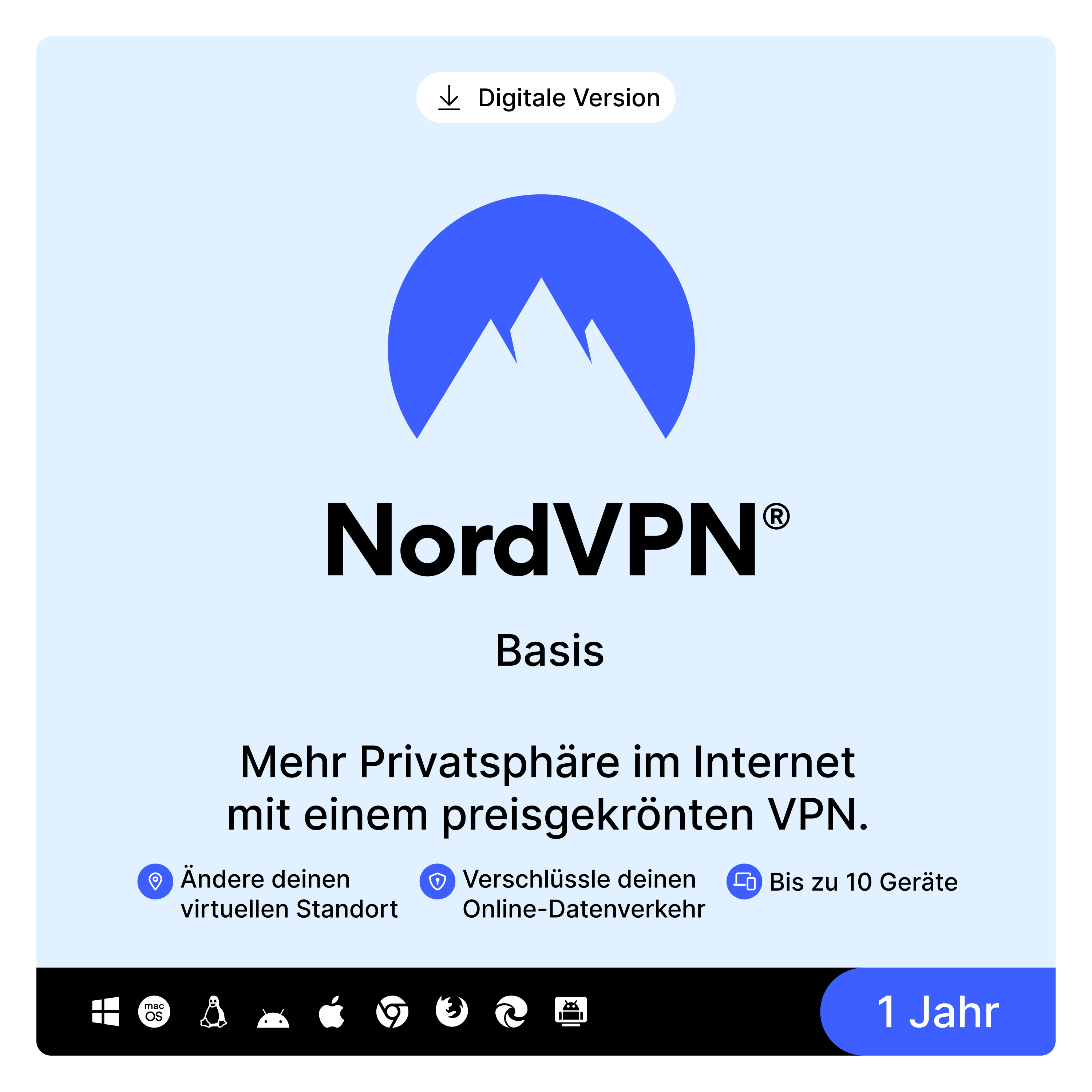 NordVPN Basis Premium-VPN-Dienst [1 Jahr - bis zu 10 Geräte]