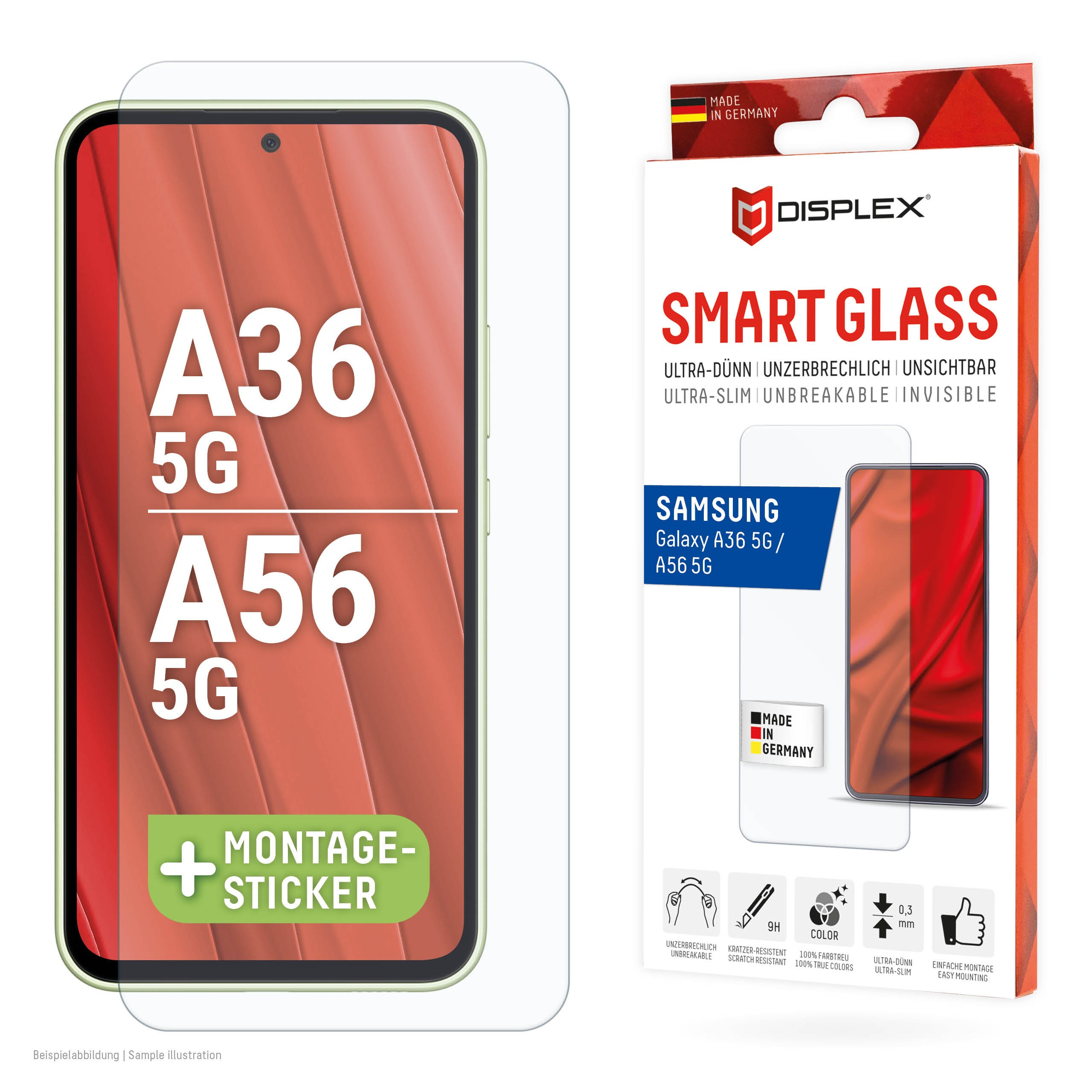 DISPLEX Smart Glasschutzfolie für Samsung Galaxy A56/A36 Kratzer-resistent, ultra-dünn, Schmutzabweisend