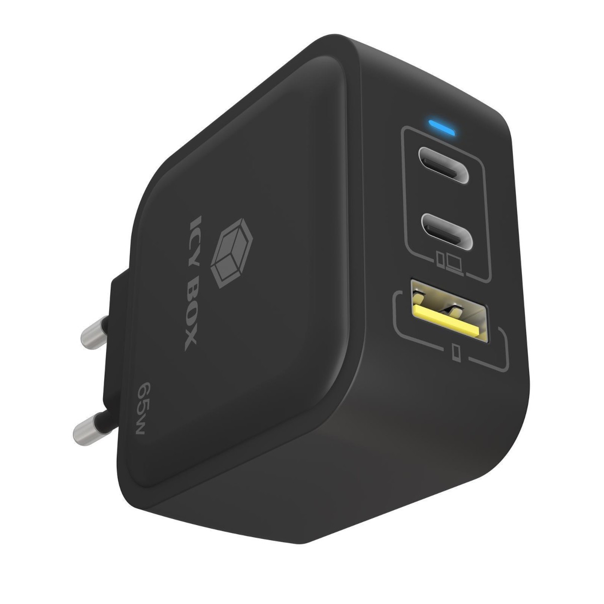 Icy Box 3Port 65W GaN Ladegerät mit PD 3.0 2x USB Type-C 1x USB