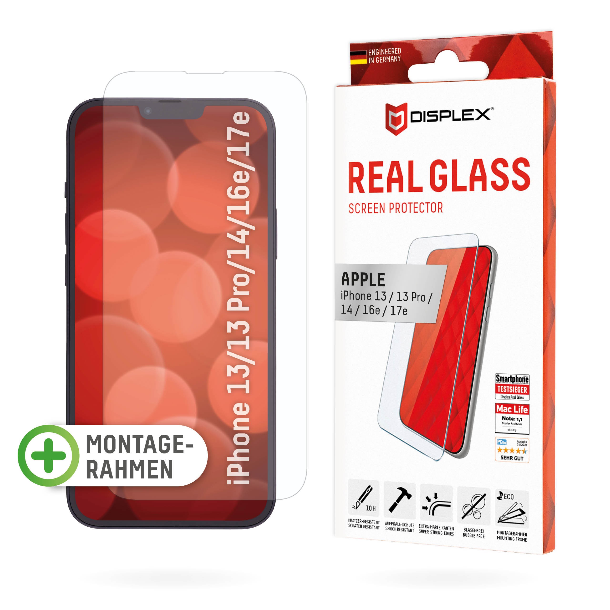 DISPLEX Panzerglas 2D/ Clear für iPhone 13/13 Pro/14/16e/17e Eco-Montagerahmen, Tempered Glas, kratzer-resistente Schutzfolie, h