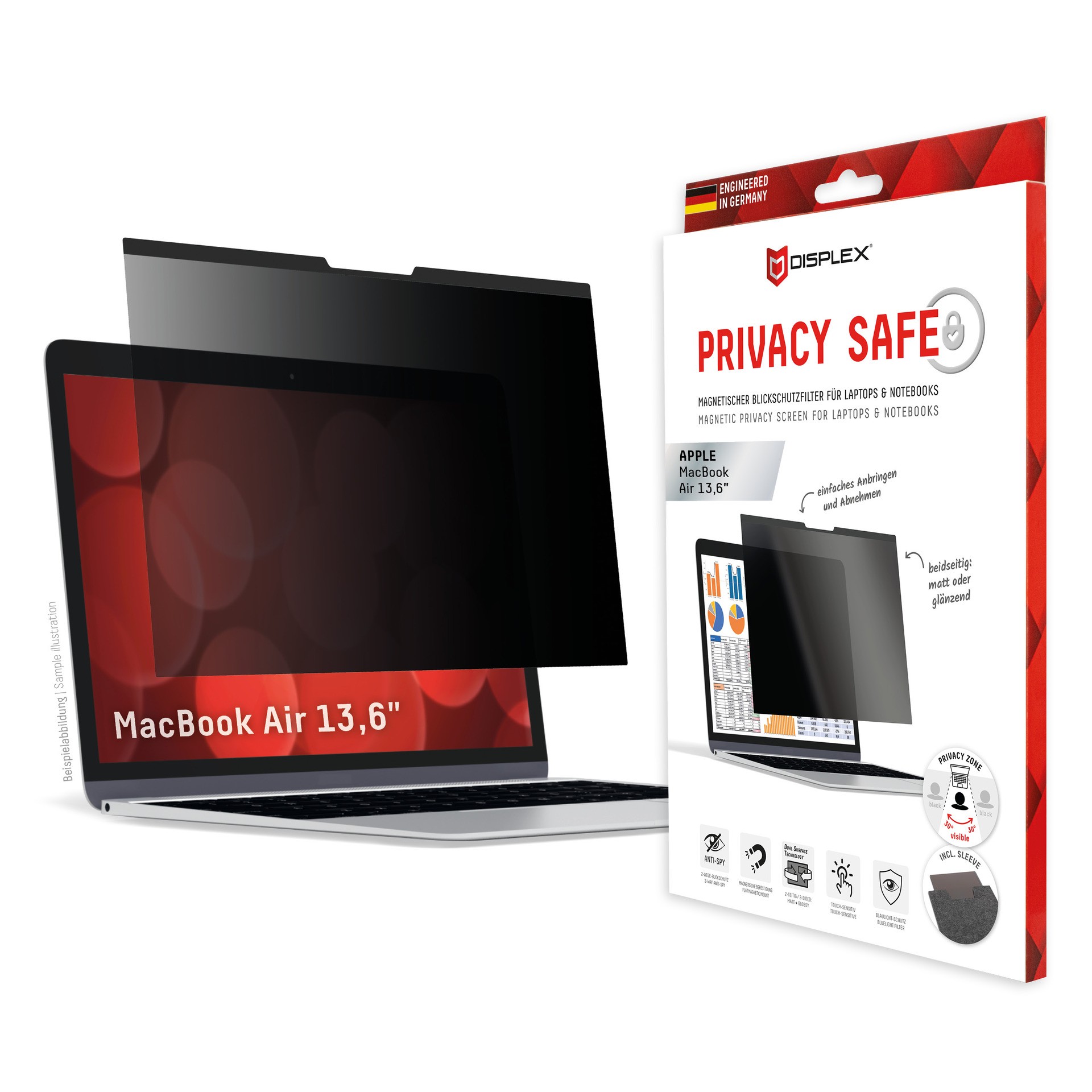 DISPLEX Privacy Safe Blickschutzfilter für MacBook Air 13,6", Anti-Reflex, Bluelight-Filter, Magnetische Befestigung