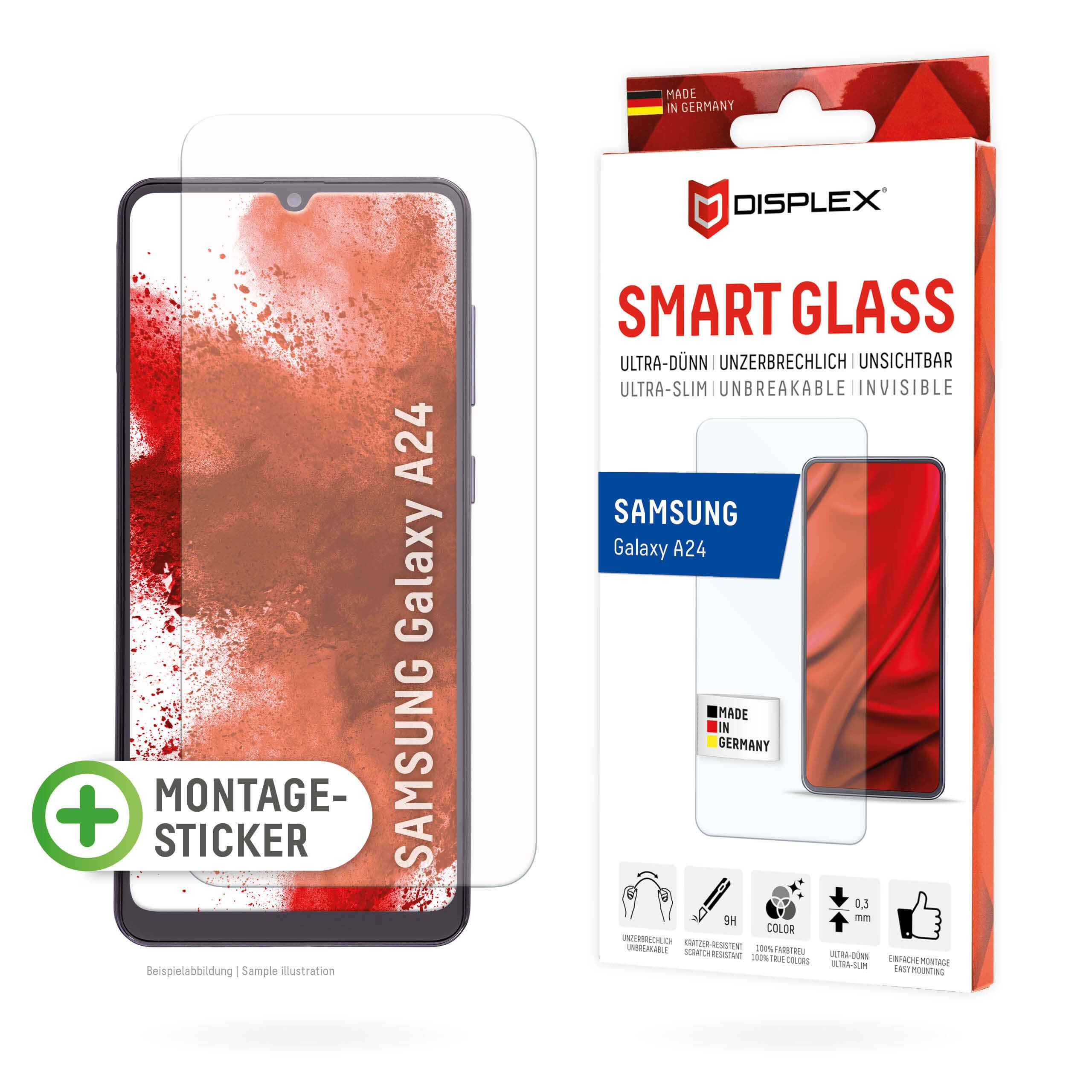 DISPLEX Smart Glass (9H) für Samsung Galaxy A24/A25 5G Montagesticker, unzerbrechlich, ultra-dünn, unsichtbar