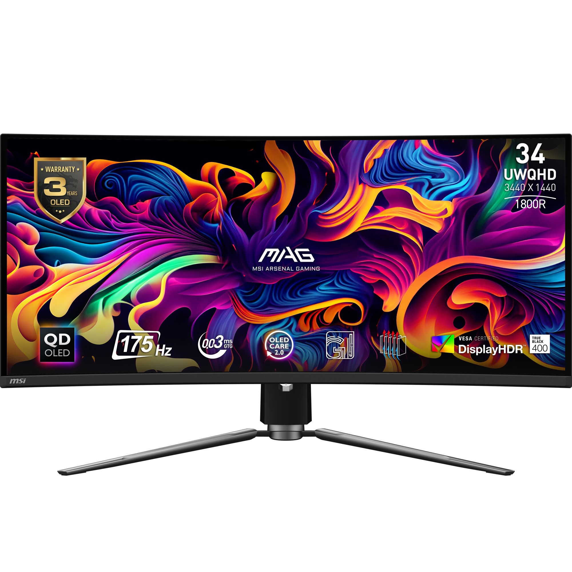 MSI MAG 341CQPDE QD-OLED Gaming Monitor - UWQHD, 175 Hz, 0,03 ms MSI OLED Care 2.0, HDMI 2.1 mit 48Gbps Bandbreite, 120Hz , VRR 