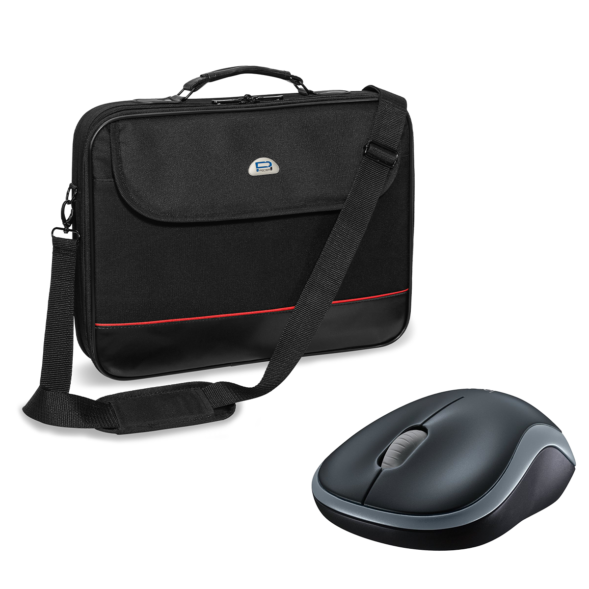 Pedea "Trendline" 15,6", schwarz + Logitech M185, kabellos, grau [schwarz/rot], Wasserabweisendes Nylon, Gepolsterter Rahmen
