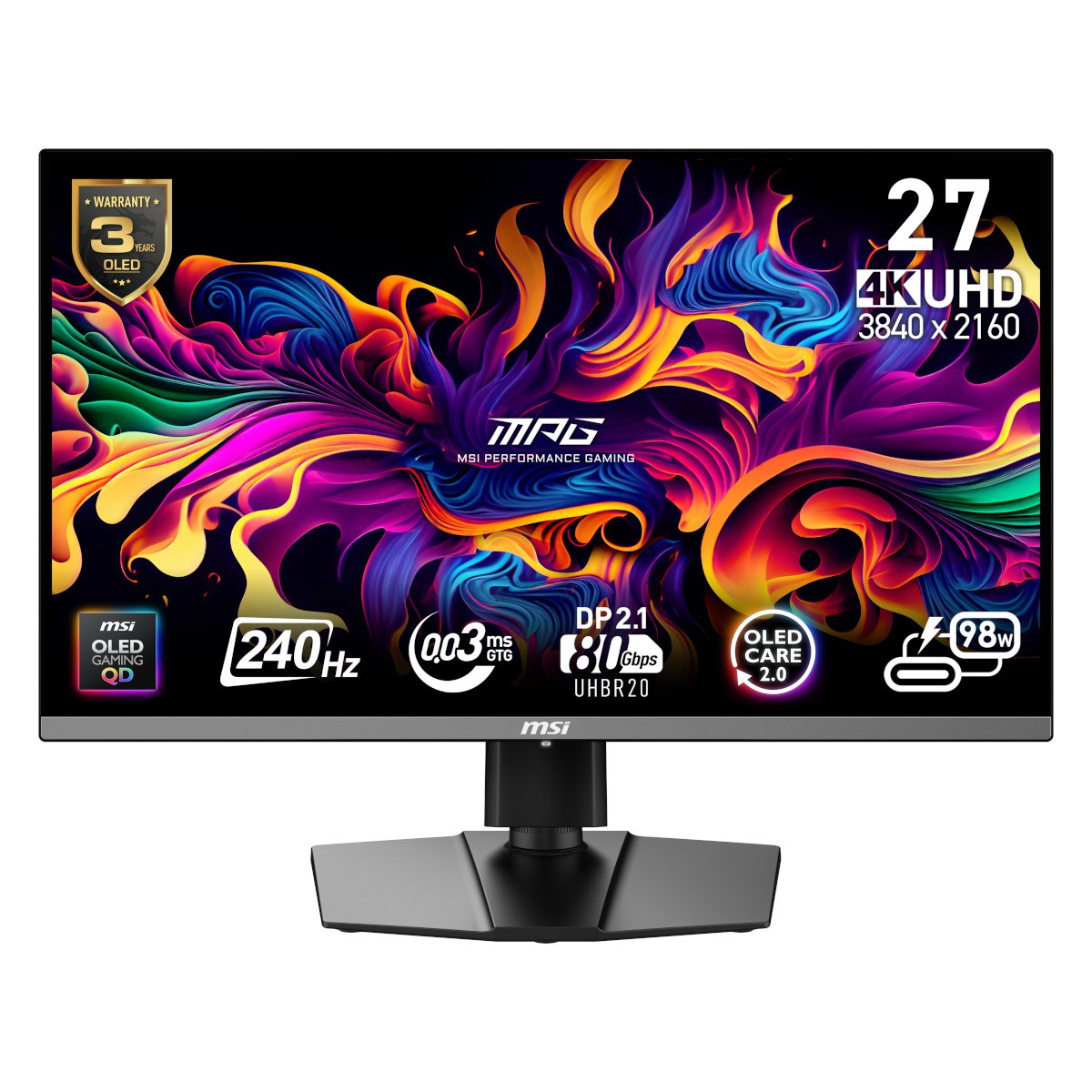 MSI MPG 272URXDE QD-OLED - OLED (QD-OLED, Quantum Dot) 240Hz (3840x2160), 0.03ms (GtG), PD-Out 98W