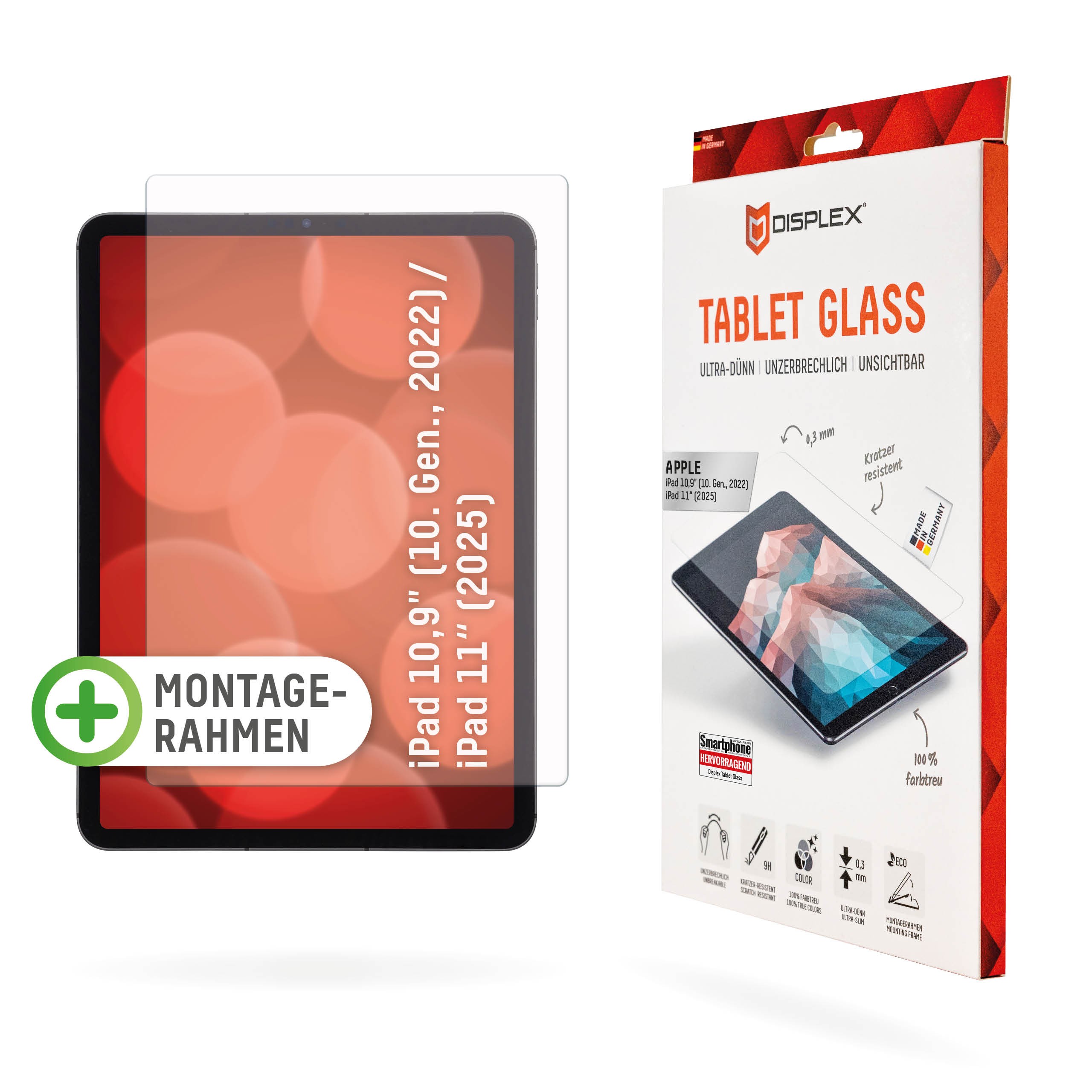 DISPLEX Tablet Panzerglas (9H) f. Apple iPad 10,9"/11" (2024/25) Eco-Montagerahmen L-Form, unzerbrechlich, ultra-dünn, unsichtba