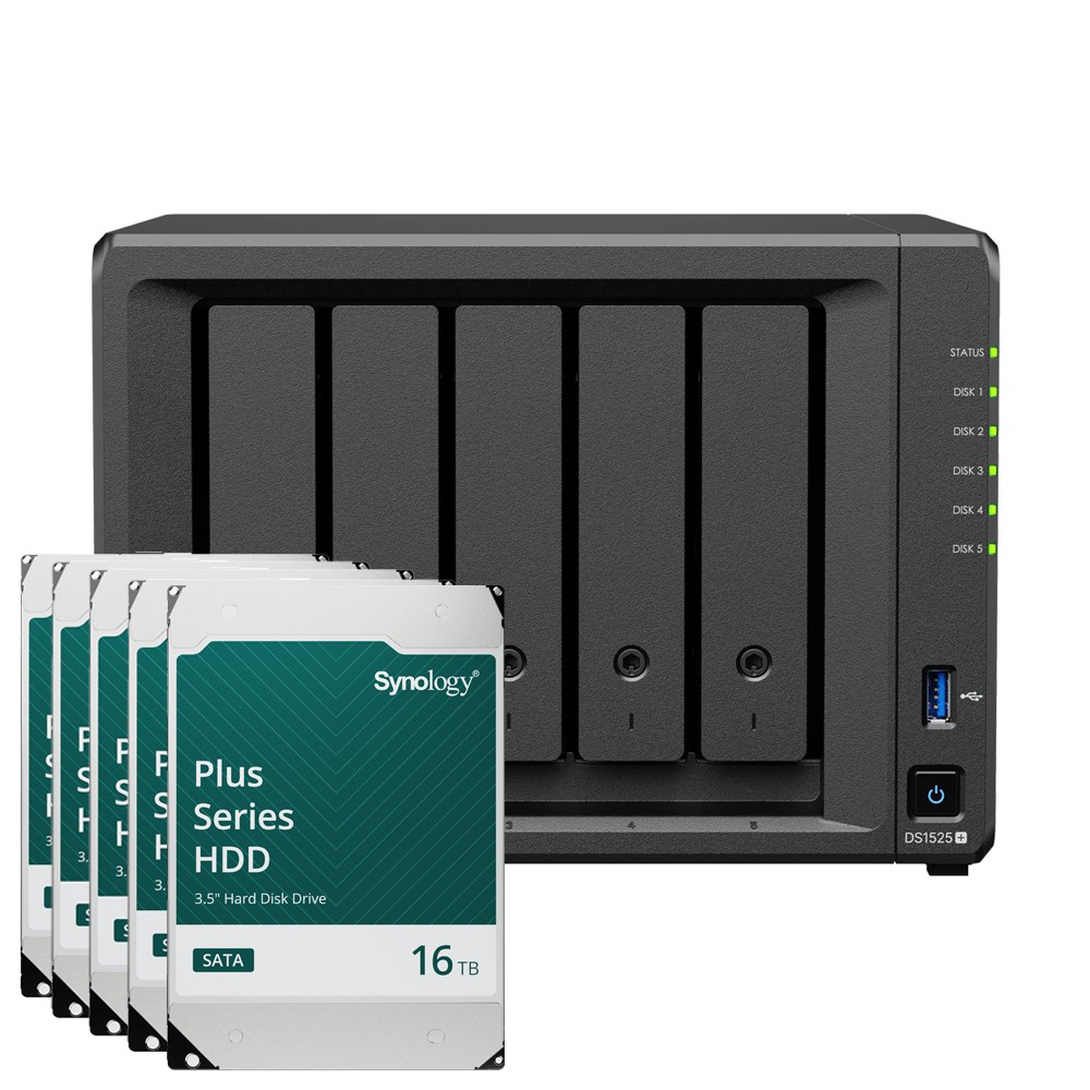 Synology DS1525+ 80TB Plus HDD NAS-Bundle NAS inkl. 5x 16TB Synology Plus 3.5 Zoll SATA Festplatte