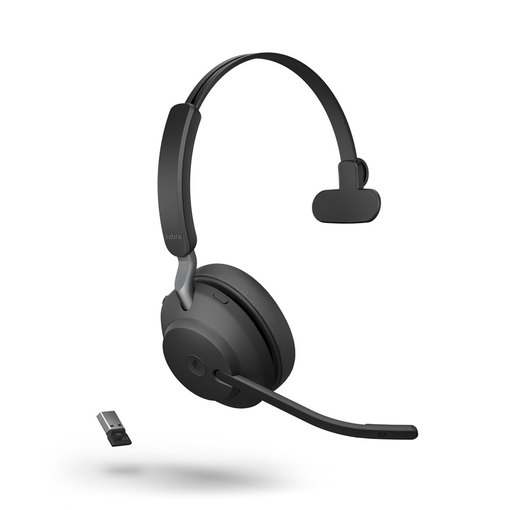 Jabra Evolve2 65 Headset, Mono, kabellos, schwarz Bluetooth, inkl. Link 380 USB-A, Optimiert Microsoft Teams