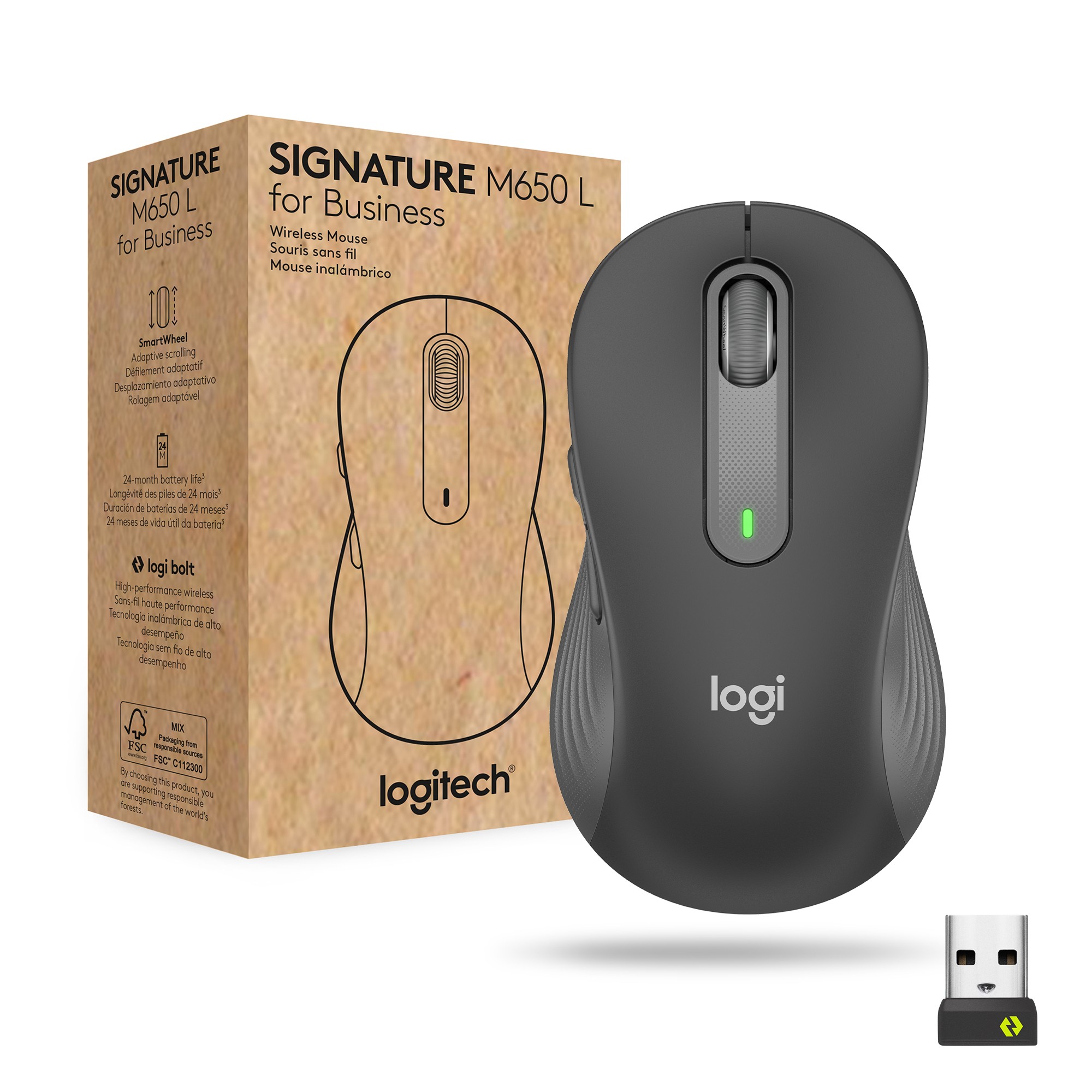 Logitech Signature M650 L Wireless Mouse for Business, Für Rechtshänder, 5 Tasten, Graphite