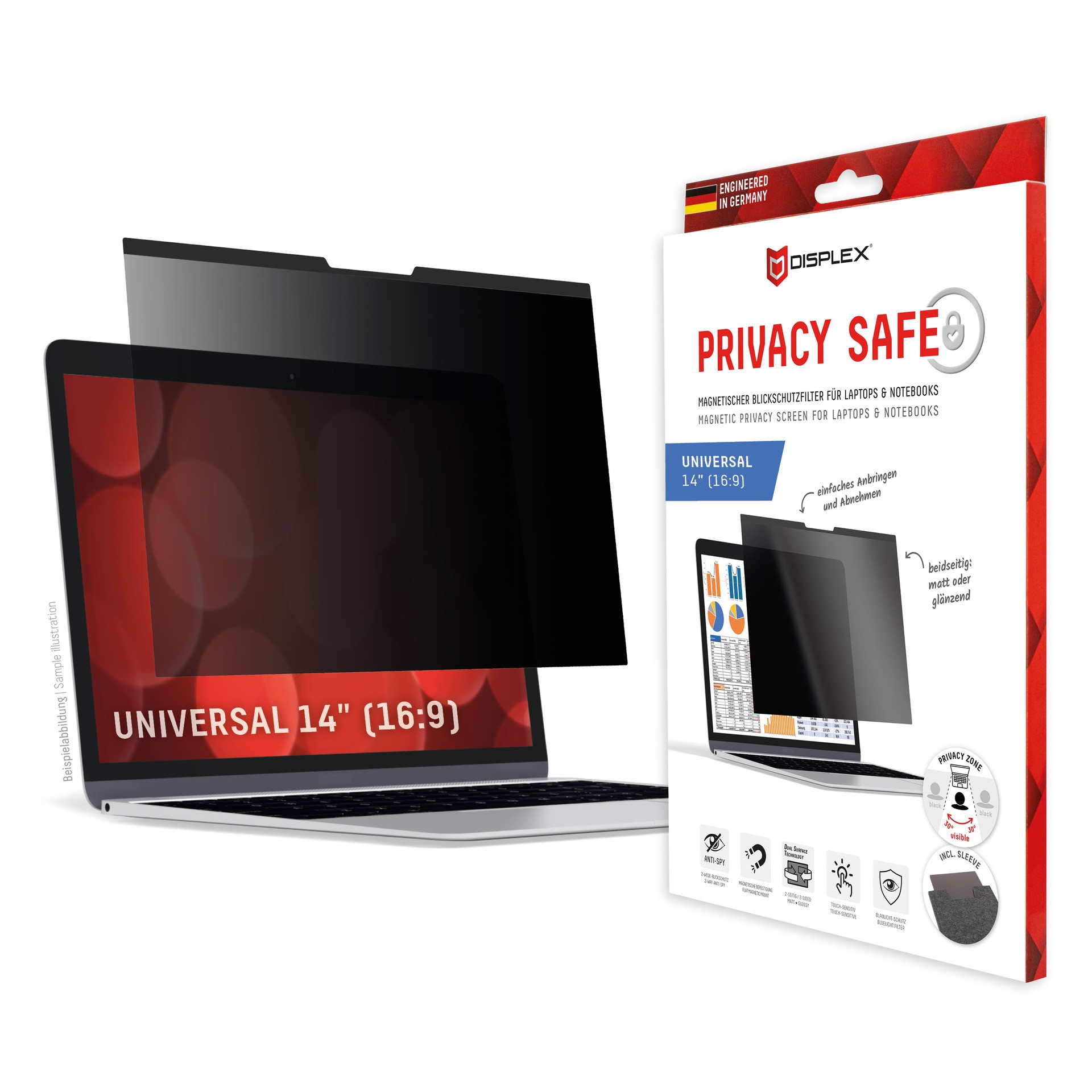 DISPLEX Privacy Safe Blickschutzfilter Universal 14", 16:9, Anti-Reflex, Bluelight-Filter, Magnetische Befestigung