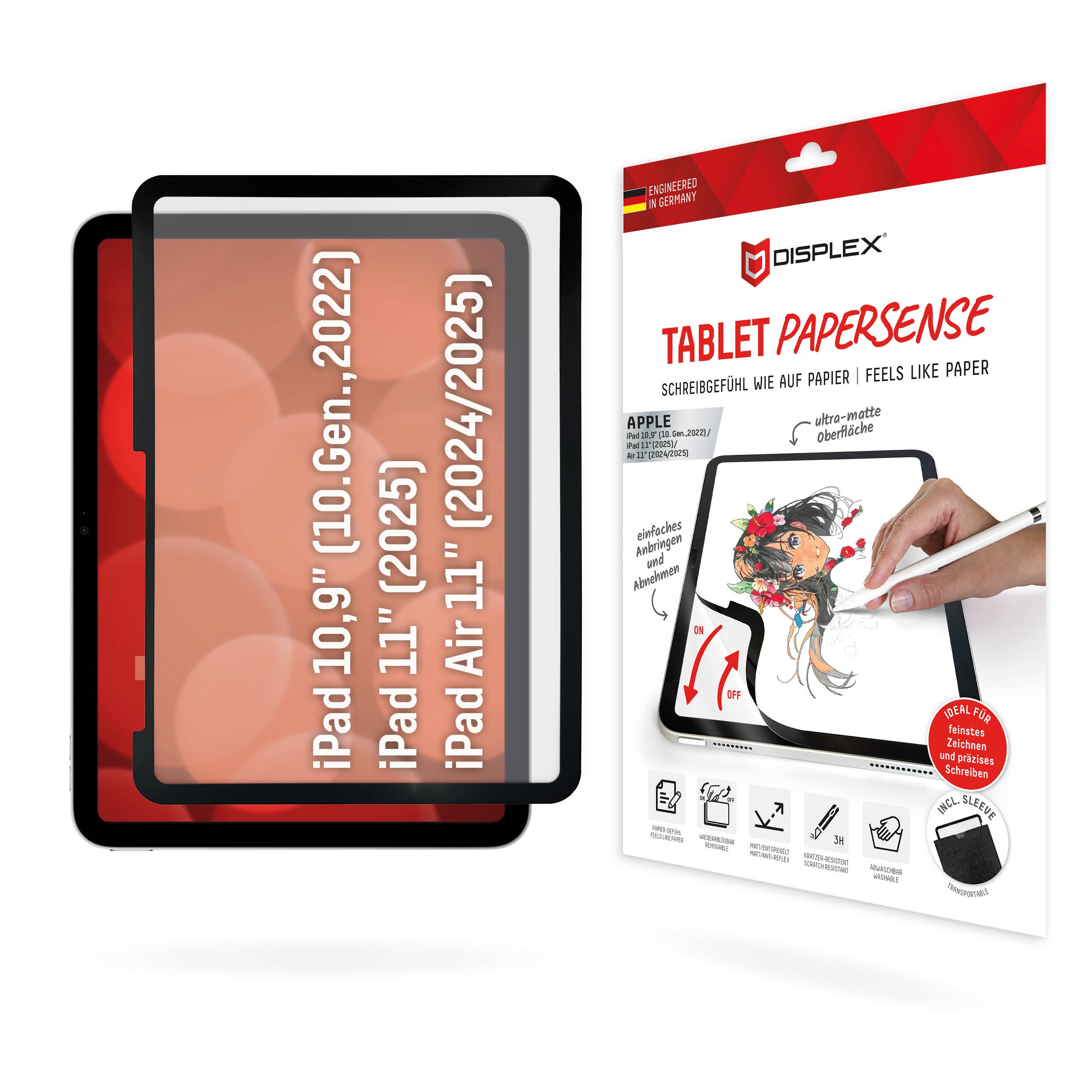 DISPLEX PAPERSENSE für iPad 10,9''/11", iPad Air 11" wieder ablösbare Schreib- und Zeichenfolie mit Paper Feeling für ein Schrei