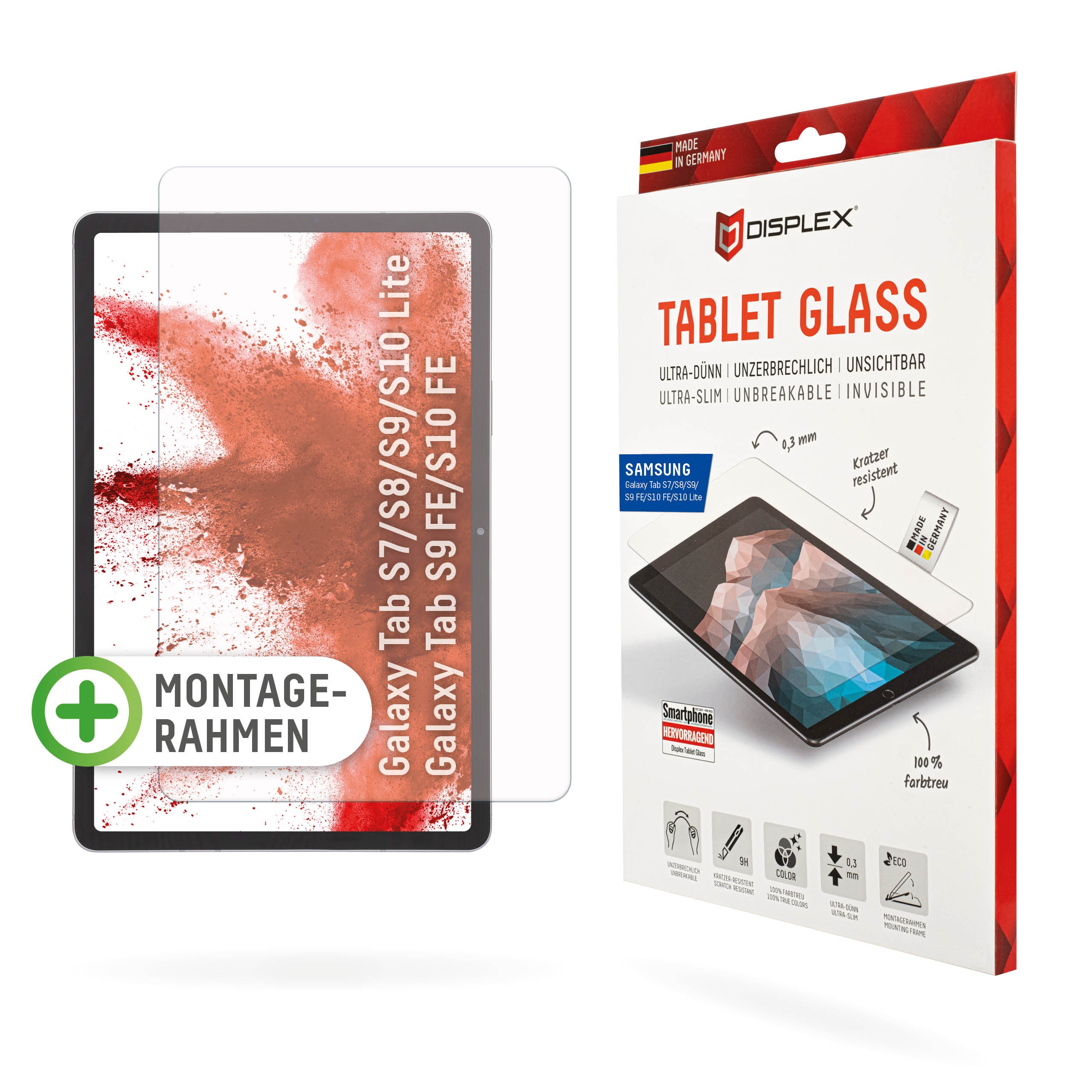 DISPLEX Tablet Glass (9H) Samsung Tab S8/S9/S9FE/S10FE/S10 Lite Eco-Montagerahmen L-Form, unzerbrechlich, ultra-dünn, unsichtbar