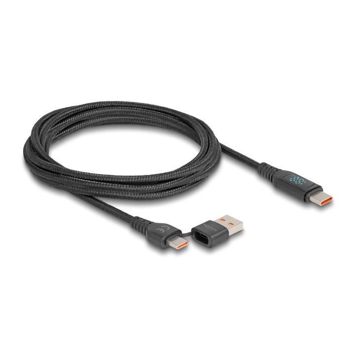 Delock USB 2.0 Schnellladekabel USB Type-C™ + USB Typ-A Stecker zu USB Type-C™ Stecker PD 3.1 140 W mit Leistungsanzeige 1,20 m