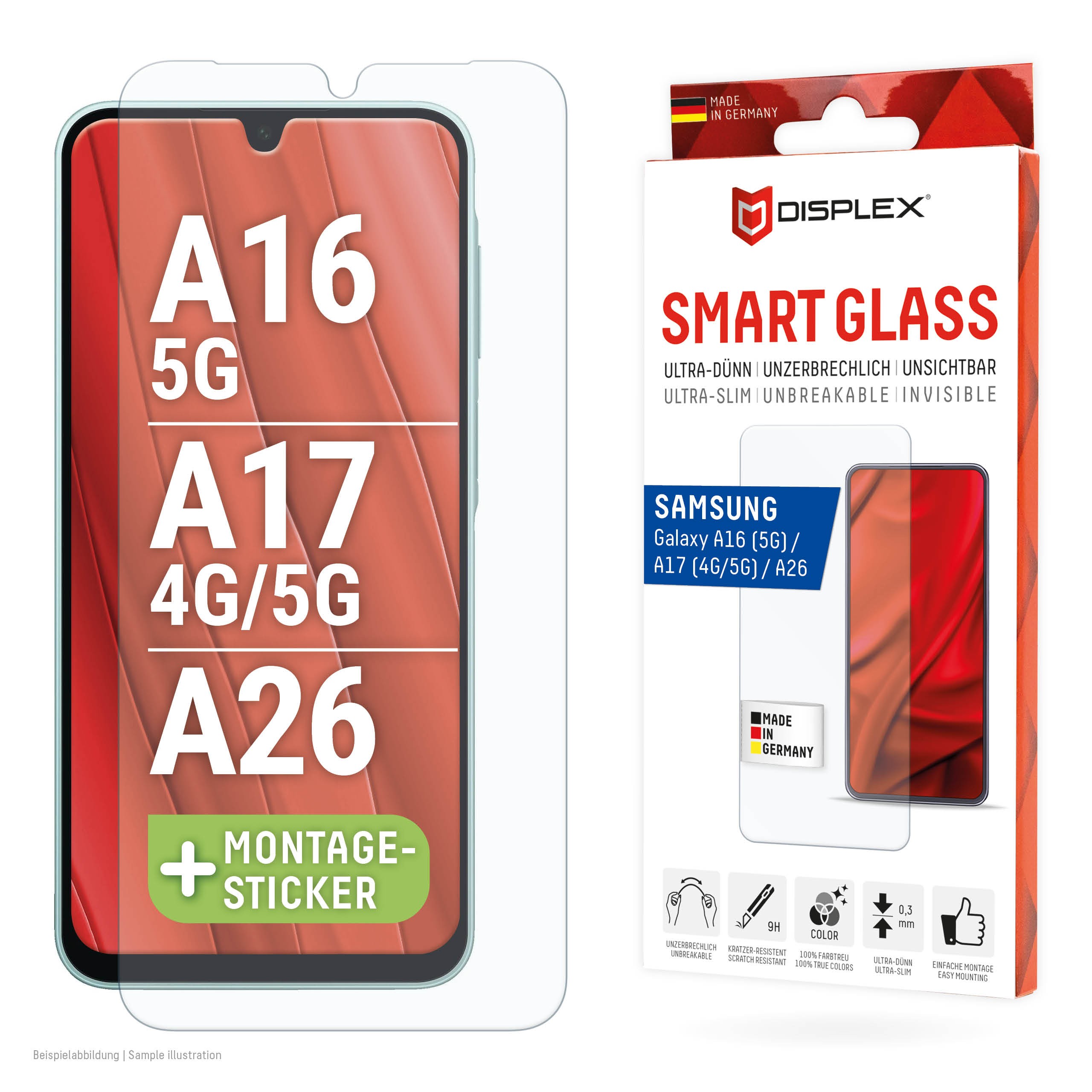 DISPLEX Smart Glasschutzfolie für Samsung Galaxy A16/A17/A26 ultra-dünn, Anti-Fingerprint Coating, Kratzer-resistent