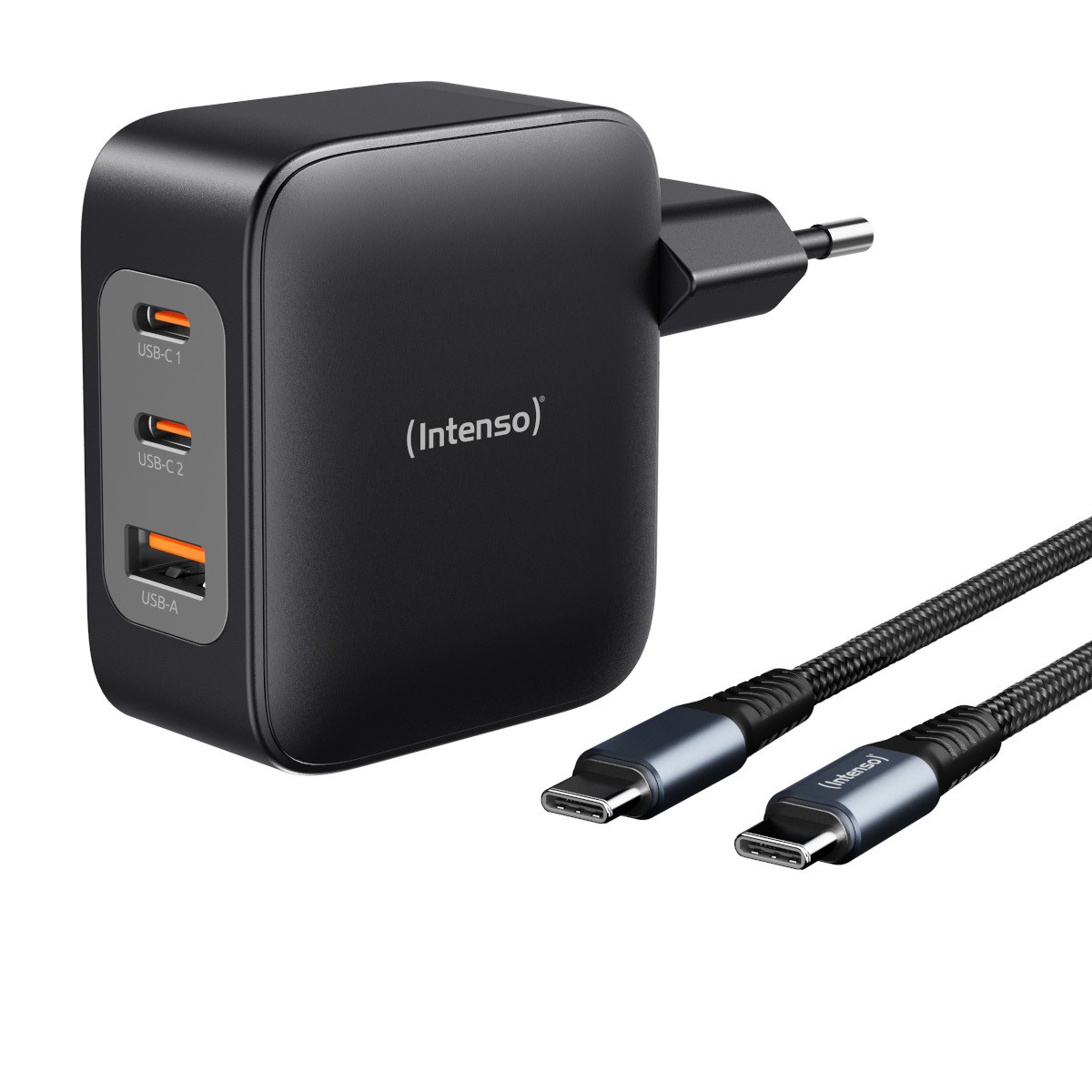 Intenso GaN 100 W Power Adapter Set W100ACC+C520C 100 Watt Netzteil, Zwei USB-C Ports und einen USB-A Anschluss, incl. USB-C zu 